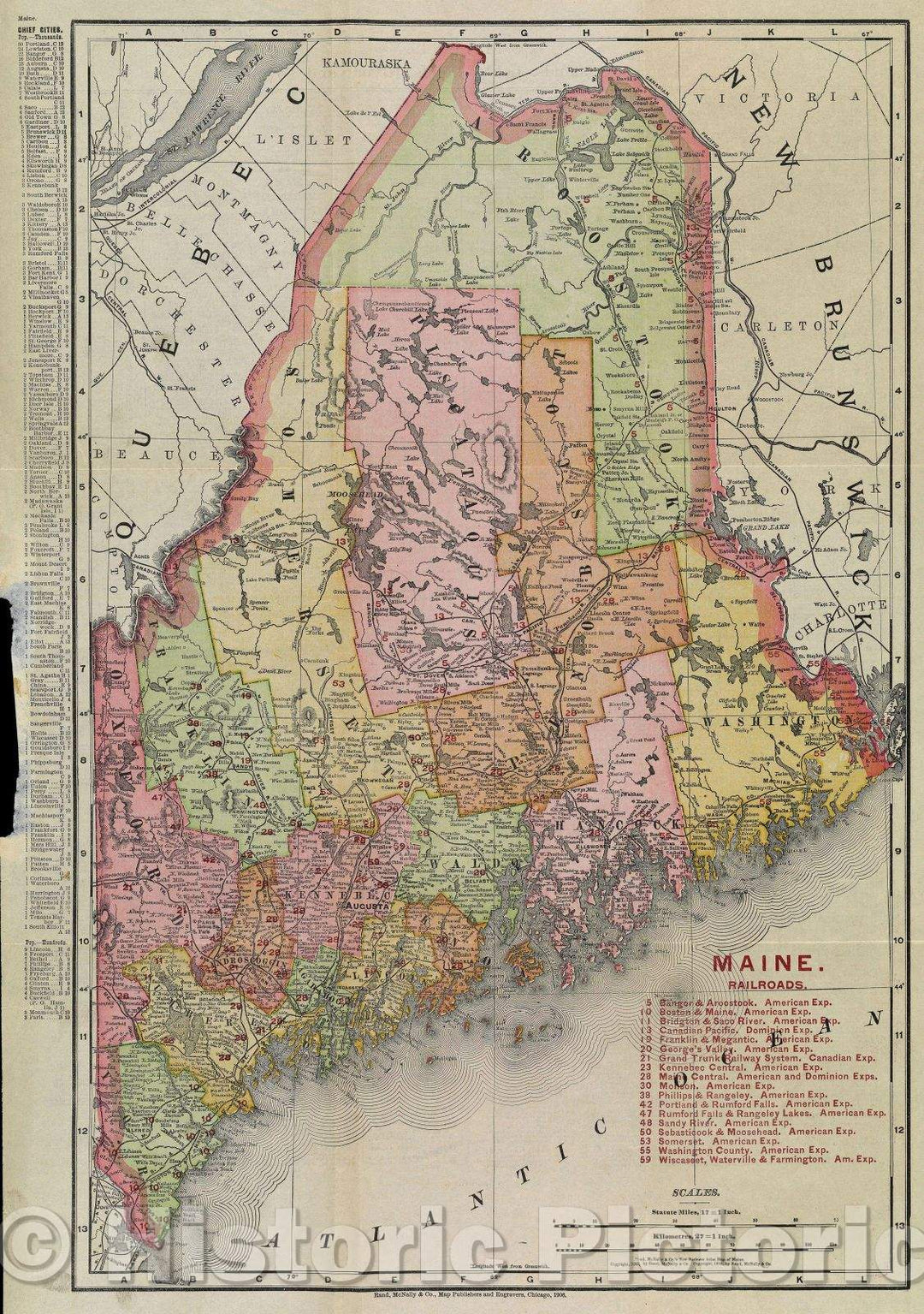 Historic Map : Maine. Railroads., 1906 , Vintage Wall Art