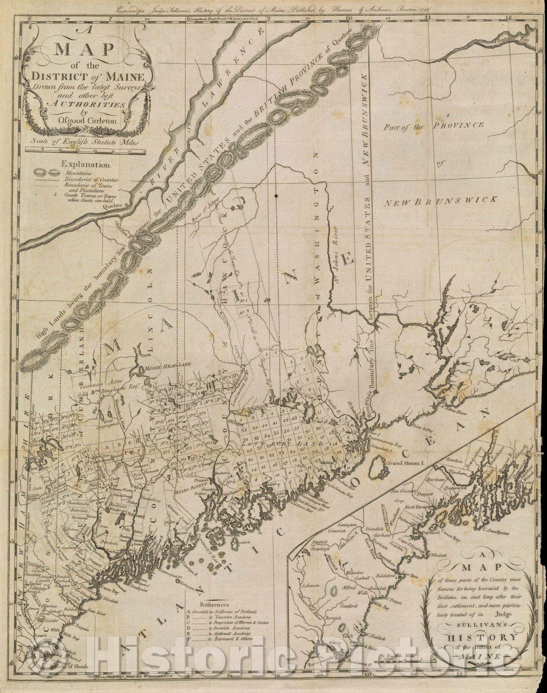 Historic Map : Map of the District of Maine Drawn from the Latest Surveys and Other Best Authorities of Osgood Carleton, 1795 , Vintage Wall Art