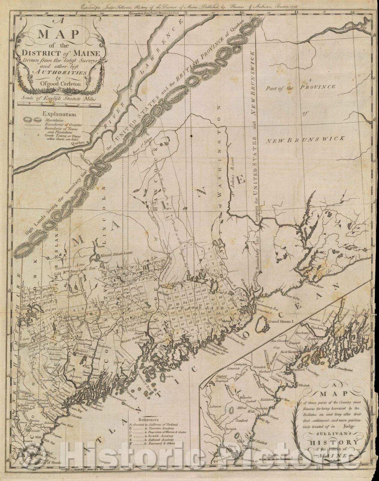 Historic Map : Map of the District of Maine Drawn from the Latest Surveys and Other Best Authorities of Osgood Carleton, 1795 , Vintage Wall Art