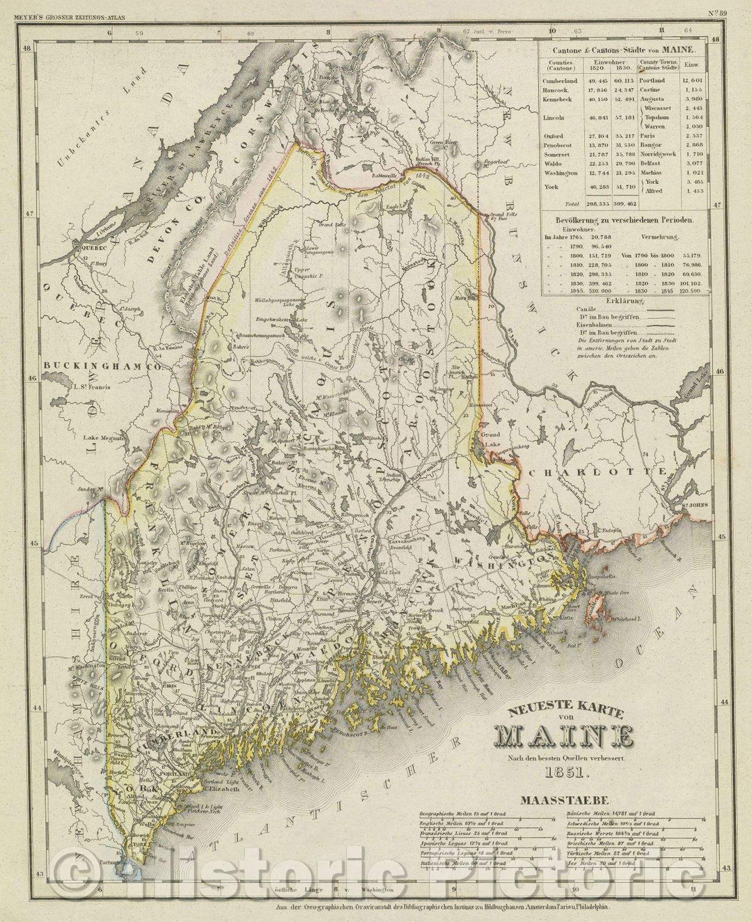 Historic Map : Neuste Karte von Maine Nach den bessten Quellen verbessert, 1851 , Vintage Wall Art