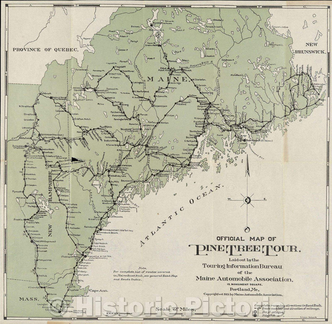 Historic Map : Official Map of Pine Tree Tour laid out by the Touring Information Bureau of the Maine Automobile Association, 1915 , Vintage Wall Art