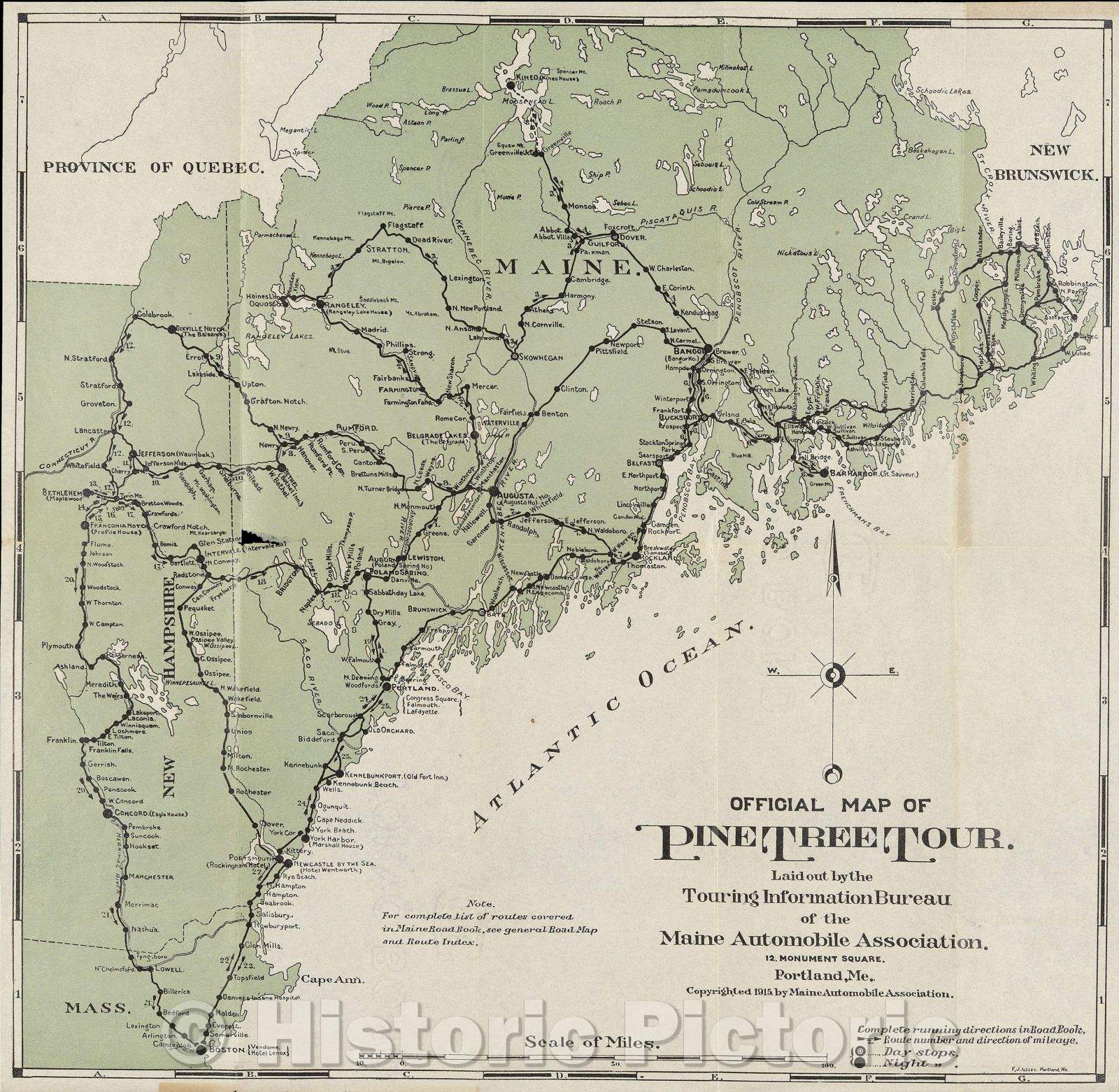 Historic Map : Official Map of Pine Tree Tour laid out by the Touring Information Bureau of the Maine Automobile Association, 1915 , Vintage Wall Art
