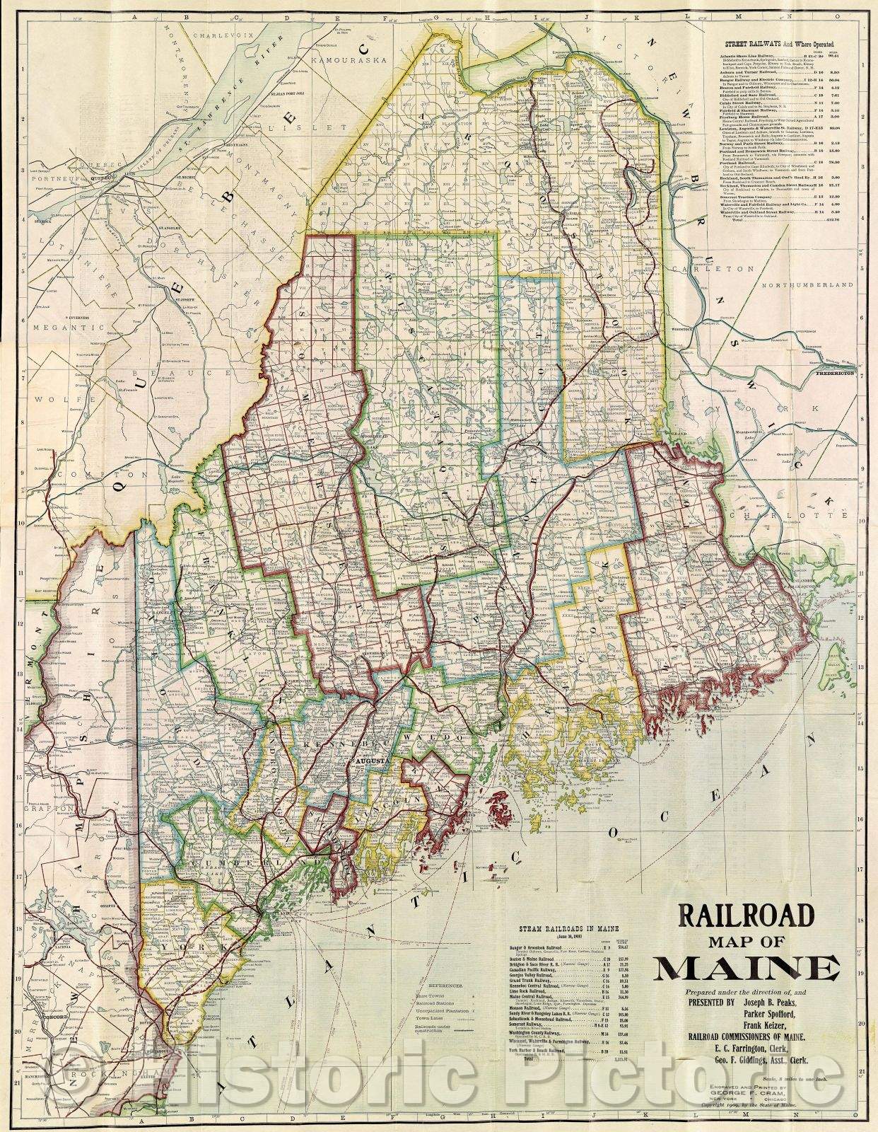 Historic Map : Railroad Map of Maine Prepared under the direction of, and Presented by Joseph B. Peaks, Parker Spofford, Frank Keizer, 1909 , Vintage Wall Art