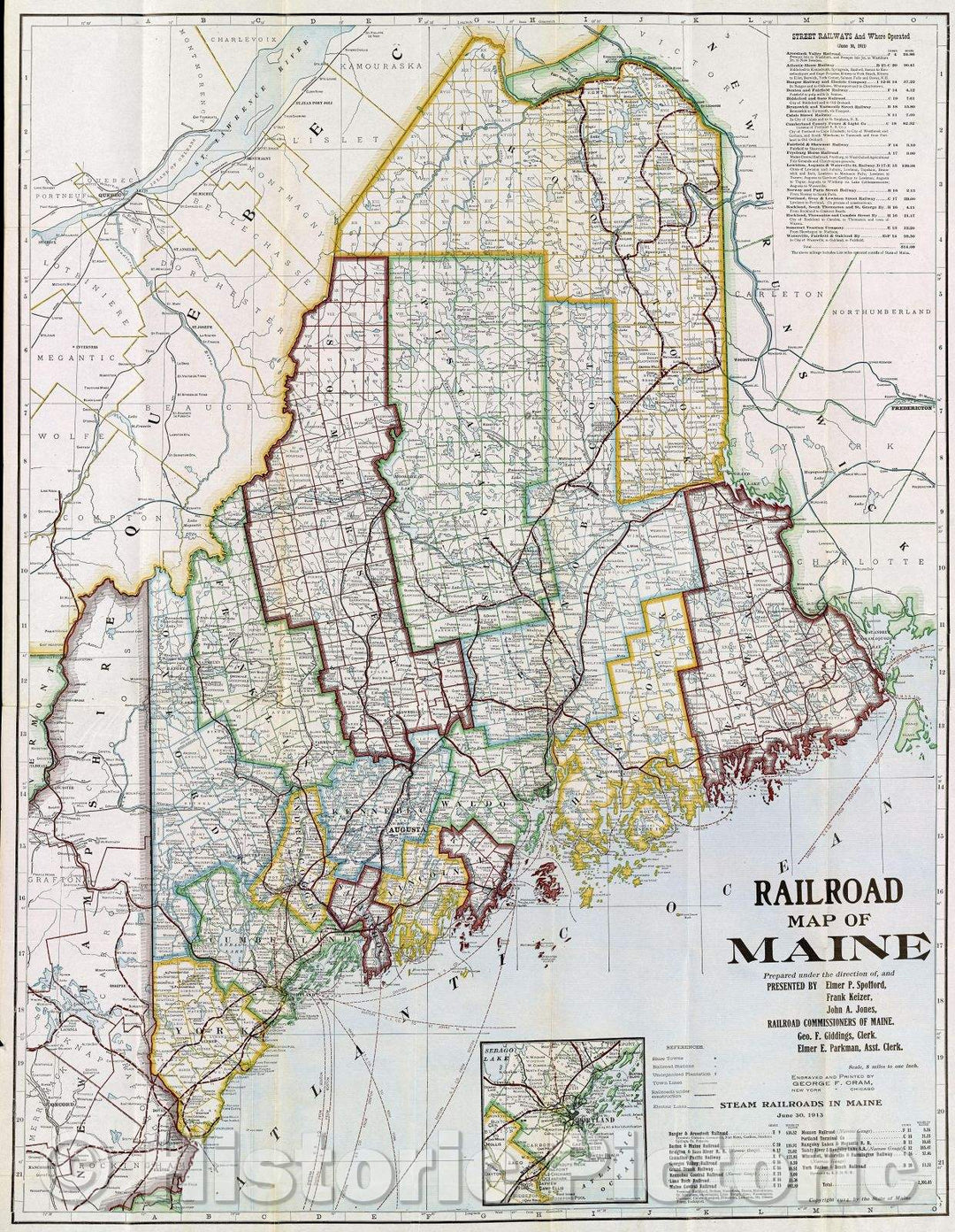 Historic Map : Railroad Map of Maine prepared under the direction of, and presented by Elmer P. Spofford, Frank Keizer, John A. Jones, 1913 , Vintage Wall Art