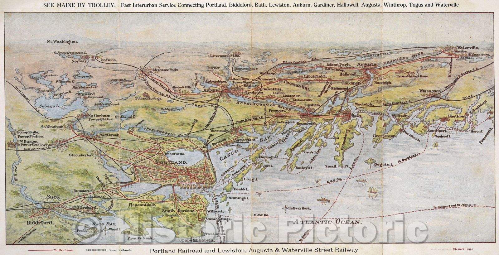 Historic Map : Trolleying through the Heart of Maine, 1908 , Vintage Wall Art