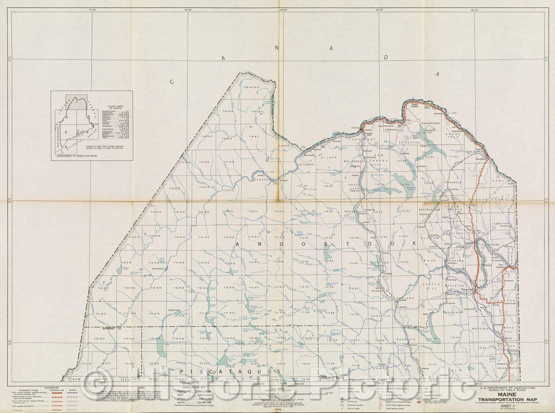 Historic Map : Maine Transportation Map : highways, railroads, canals, air lanes, and dredged channels, 1936 , Vintage Wall Art , v3