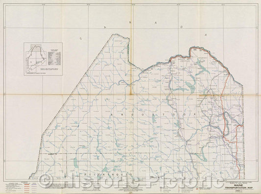Historic Map : Maine Transportation Map : highways, railroads, canals, air lanes, and dredged channels, 1936 , Vintage Wall Art , v3