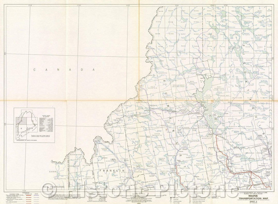 Historic Map : Maine Transportation Map : highways, railroads, canals, air lanes, and dredged channels, 1936 , Vintage Wall Art , v2