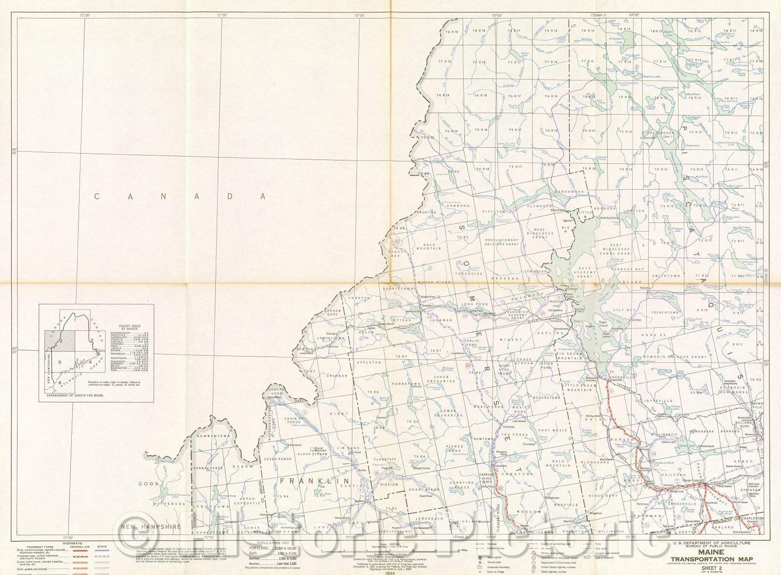 Historic Map : Maine Transportation Map : highways, railroads, canals, air lanes, and dredged channels, 1936 , Vintage Wall Art , v2