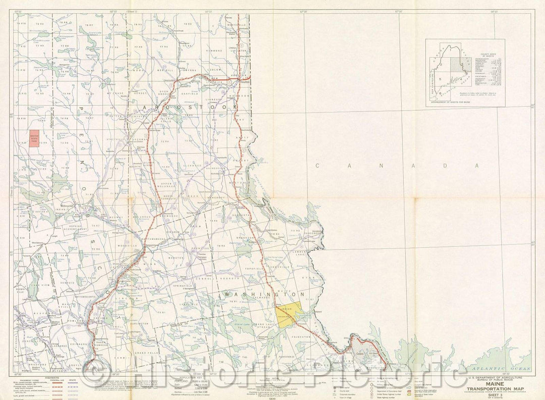 Historic Map : Maine Transportation Map : highways, railroads, canals, air lanes, and dredged channels, 1936 , Vintage Wall Art