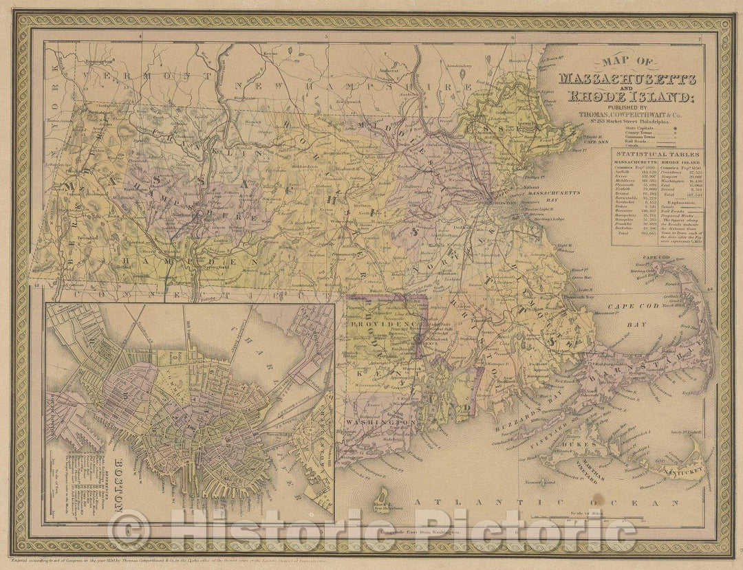 Historic Map : Map of Massachusetts and Rhode Island, 1850 , Vintage Wall Art