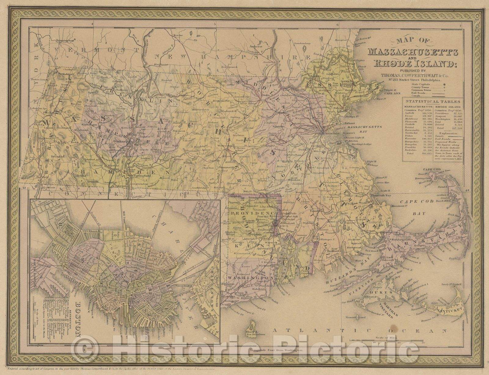 Historic Map : Map of Massachusetts and Rhode Island, 1850 , Vintage Wall Art