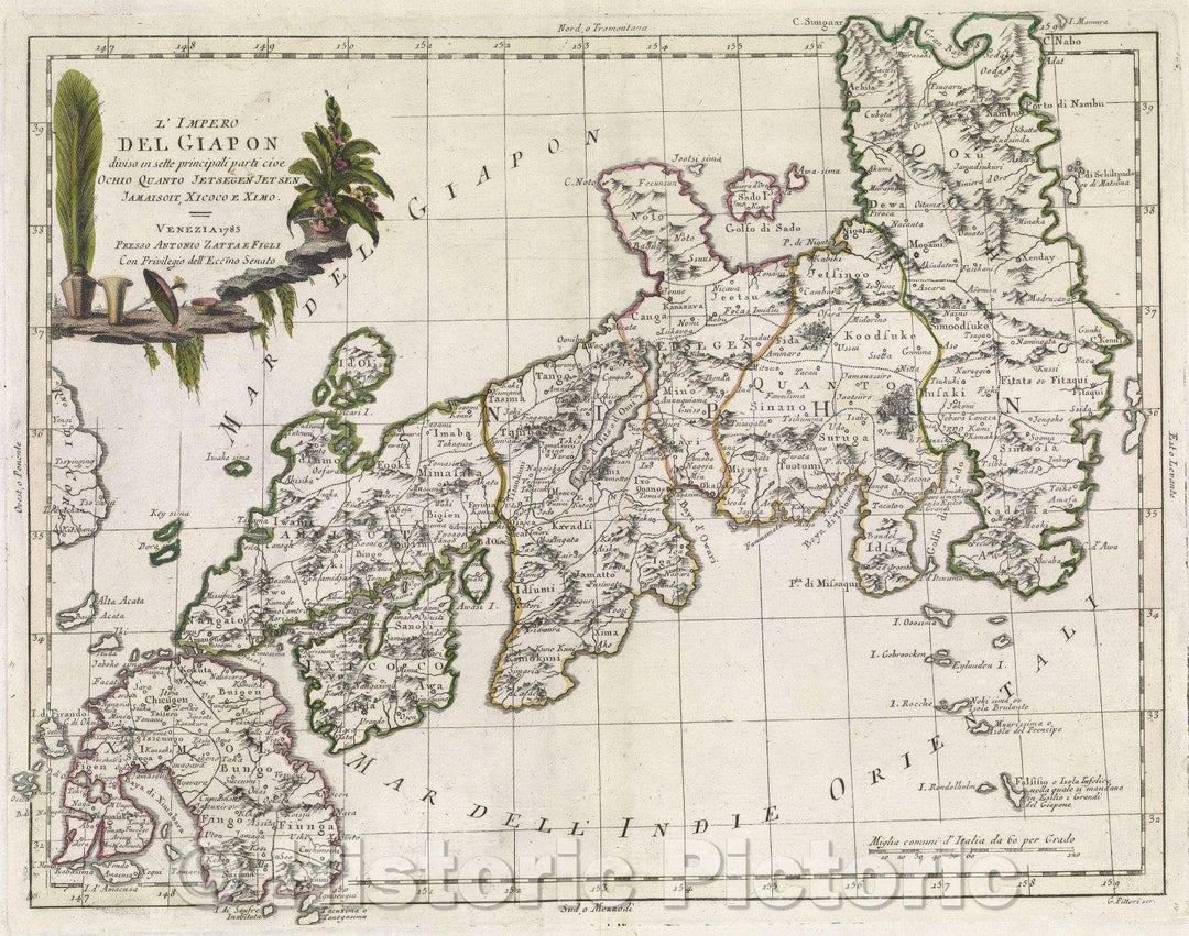 Historic Map : L'Impero del Giapon : diviso in sette principali parti cioe ochio quanto jetsegen jetsen jamaisoit, xicoco e ximo Venezia, 1785 , Vintage Wall Art