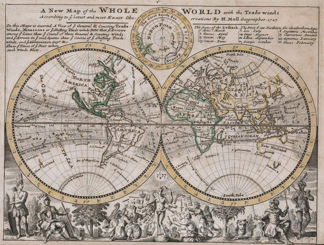 Historic Map : A New Map of the Whole World with the Trade Winds According to ye latest and most Exact Observations by H. Moll Geographer. 1727, 1727 , Vintage Wall Art