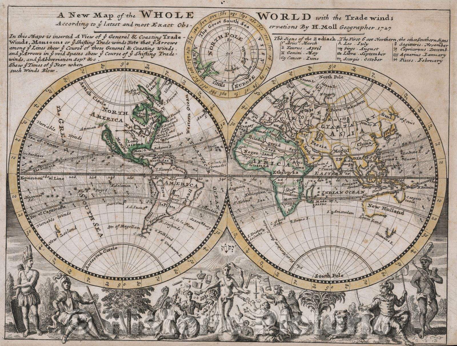 Historic Map : A New Map of the Whole World with the Trade Winds According to ye latest and most Exact Observations by H. Moll Geographer. 1727, 1727 , Vintage Wall Art