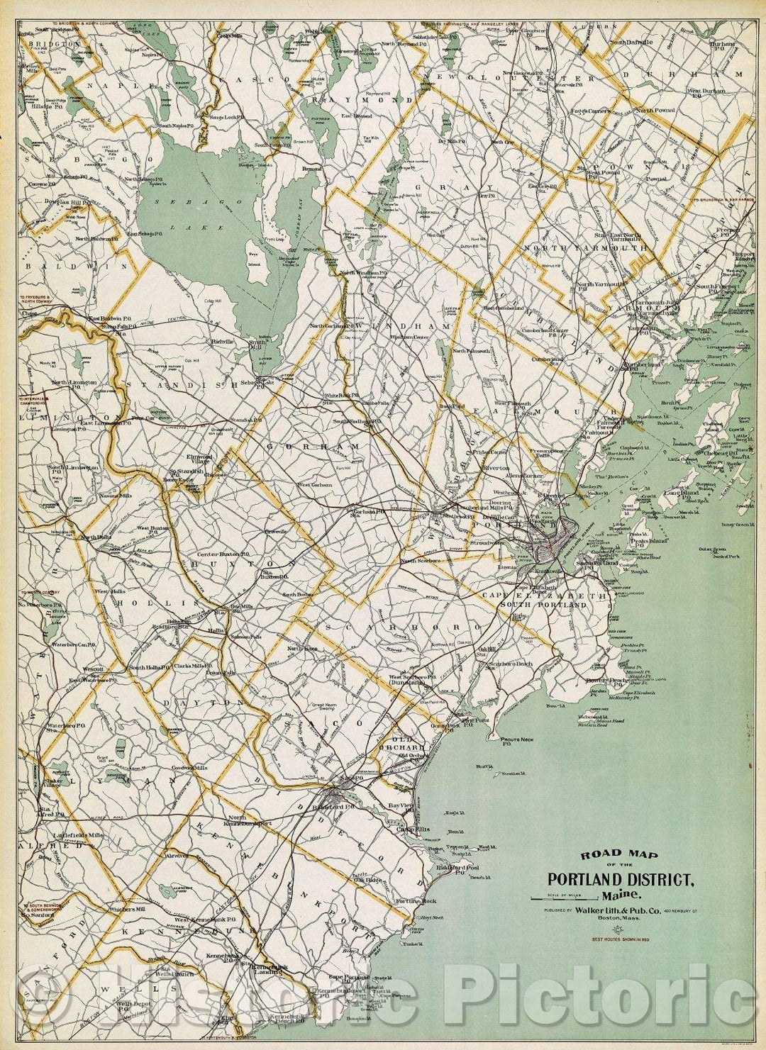 Historic Map : Road Map of the Portland District, Maine., 1910 , Vintage Wall Art