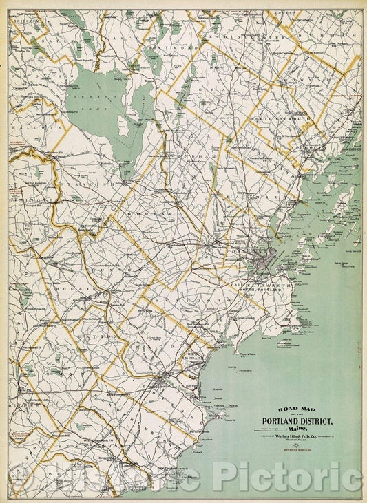 Historic Map : Road Map of the Portland District, Maine., 1910 , Vintage Wall Art