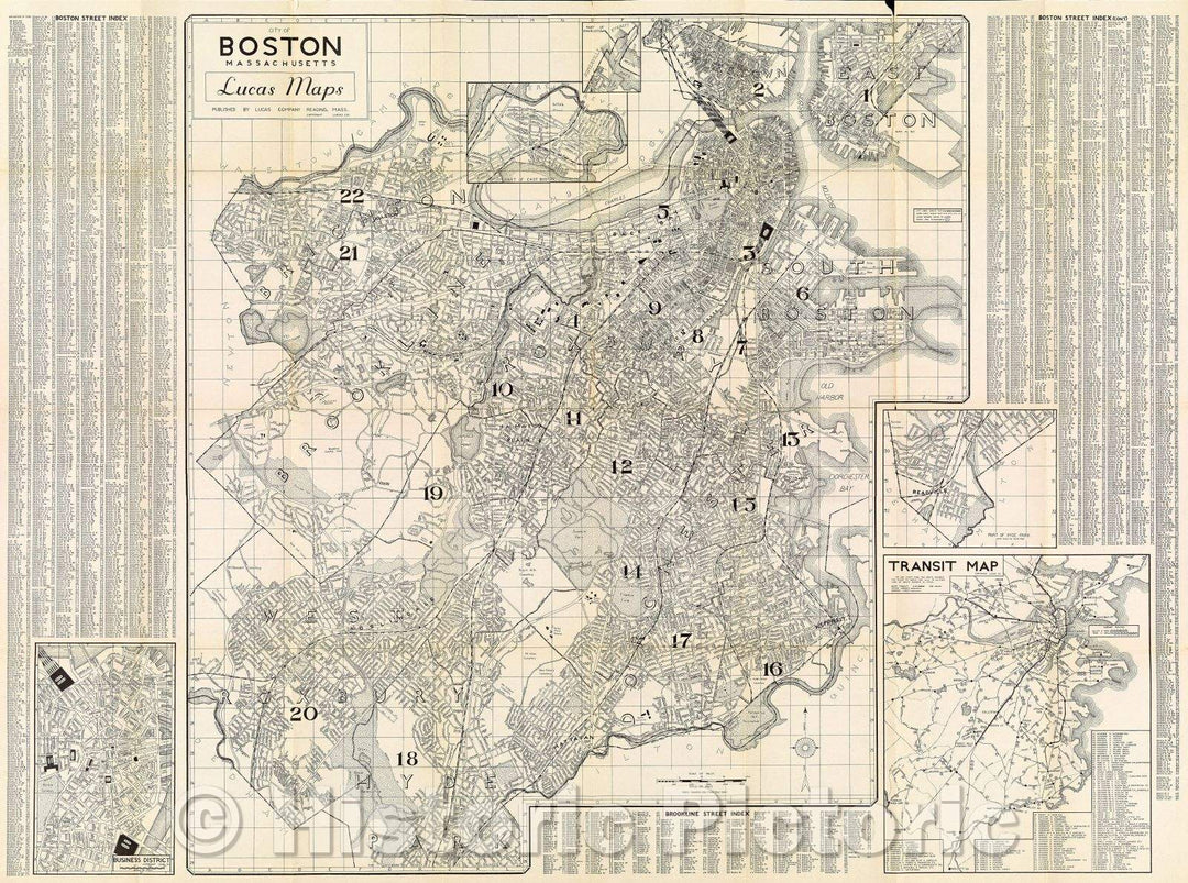 Historic Map : Street Guide Map of Boston (Brookline) Massachusetts, 1938 , Vintage Wall Art