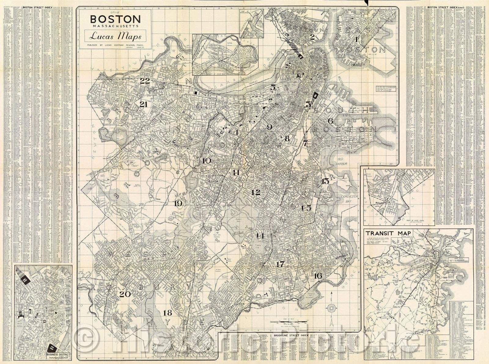 Historic Map : Street Guide Map of Boston (Brookline) Massachusetts, 1938 , Vintage Wall Art