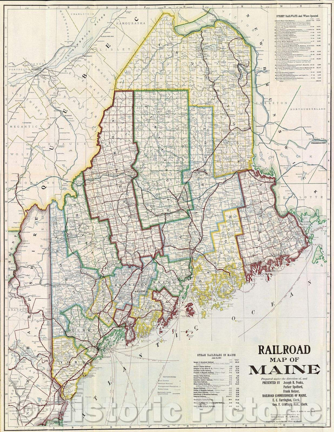 Historic Map : Railroad Map of Maine Prepared under the direction of, and presented by ... Railroad Commissioners of Maine, 1907 , Vintage Wall Art