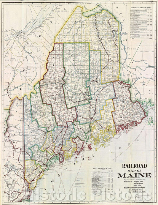 Historic Map : Railroad Map of Maine Prepared under the direction of, and presented by ... Railroad Commissioners of Maine, 1907 , Vintage Wall Art