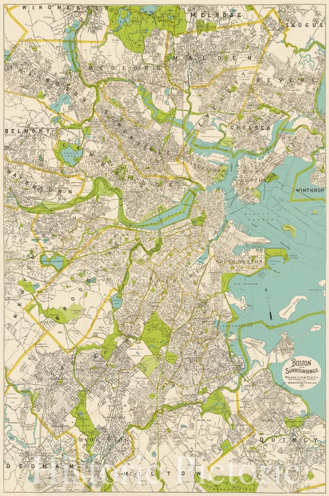 Historic Map : Boston and Surroundings, 1908 , Vintage Wall Art
