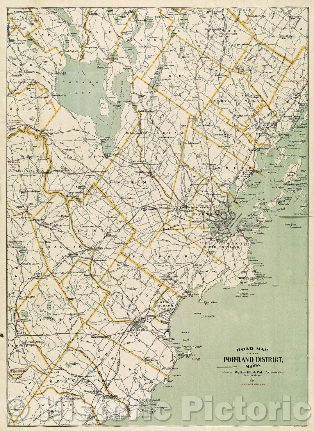 Historic Map : Road Map of the Portland District, Maine., 1930 , Vintage Wall Art