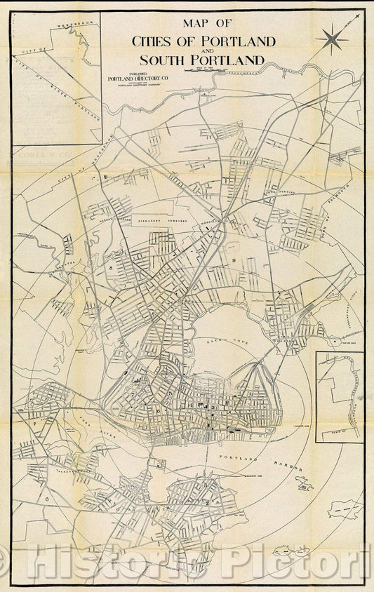 Historic Map : Map of the Cities of Portland and South Portland, 1926 , Vintage Wall Art