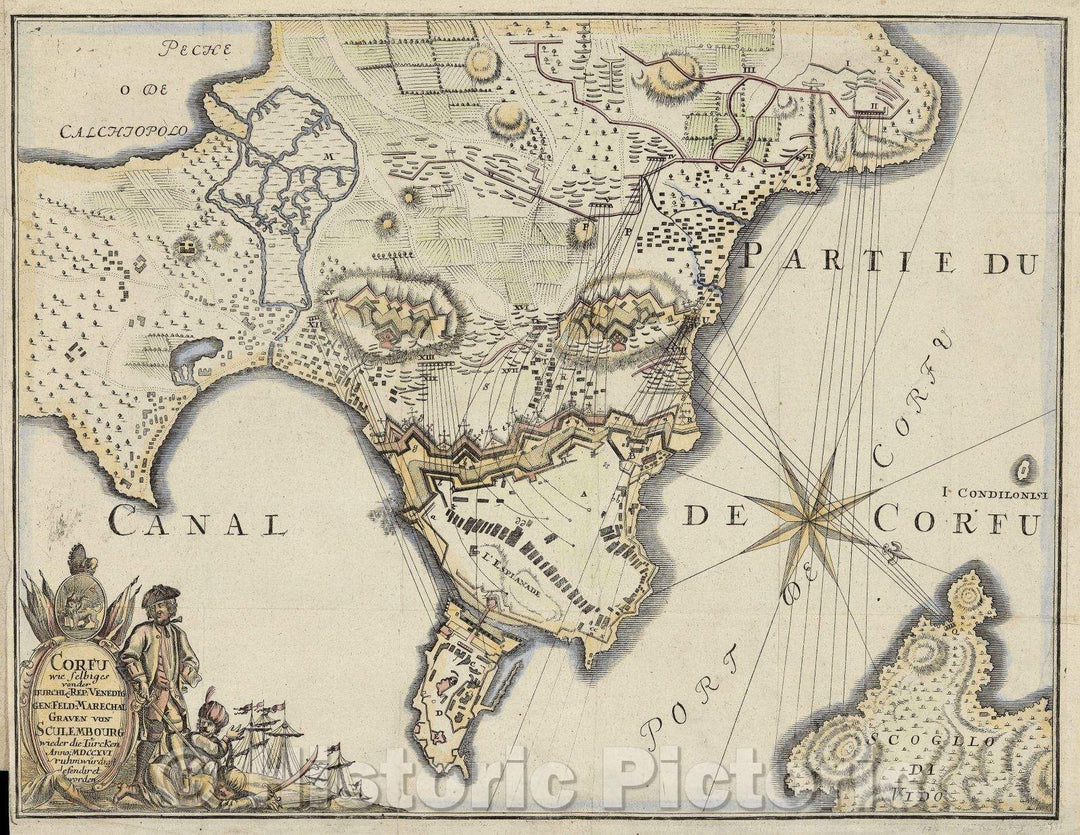 Historic Map : Corfu wie selbiges von der Durchle: Rep: Venedig Gen. Feld Marechal Graven von Sculembourg wieder die Turcken  Anno: MDCCXVI ruhmiwu?rdig defendiret w, 1716 , Vintage Wall Art