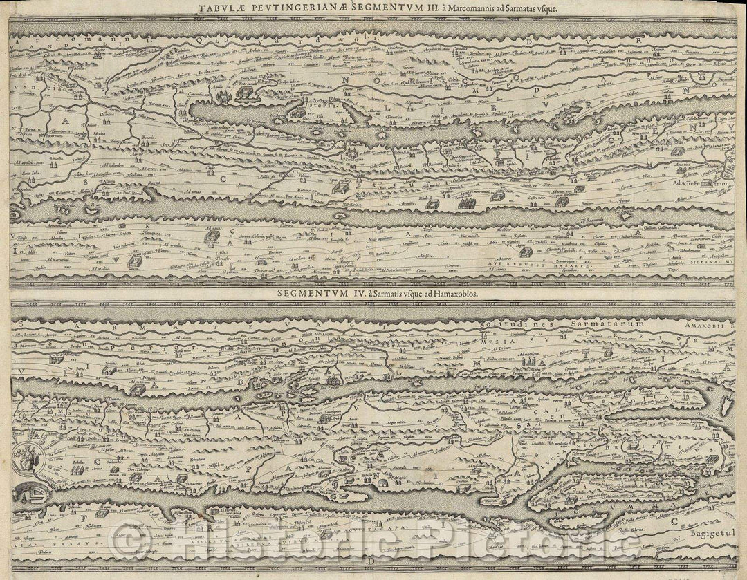 Historic Map : Tabula Itineraria ex Illustri Peutingerorum Bibliotheca quae Augustae Vindel est beneficio Marci Velseri Septemviri Augustani in Lucem Edita..., c. 1609 , Vintage Wall Art
