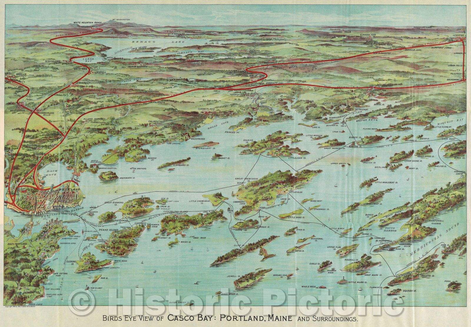 Historic Map : Birds Eye View of Casco Bay: Portland, Maine and Surroundings., 1906 , Vintage Wall Art