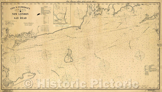 Historic Map : Geo. W. Eldridge's chart B : New London to Gay Head  Authorized and Published by Geo. W. Eldridge, 1903 , Vintage Wall Art