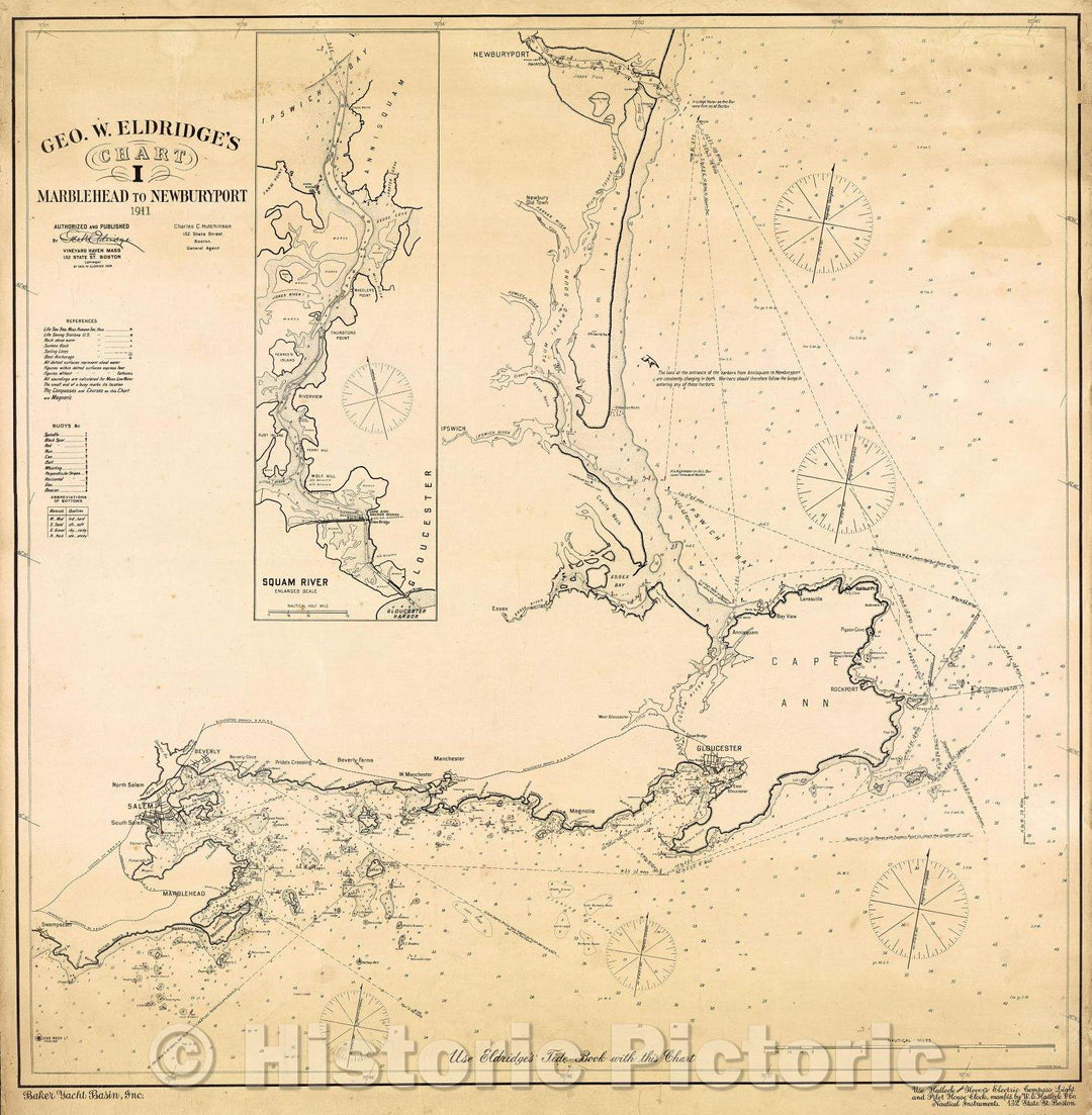 Historic Map : Geo. W. Eldridge's Chart I : Marblehead to Newburyport. 1911, 1911 , Vintage Wall Art