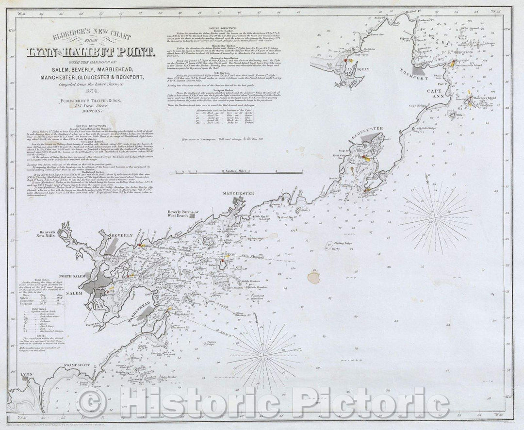 Historic Map : Eldridge's New Chart from Lynn to Halibut Point.  With the Harbors of Salem, Beverly, Marblehead, Manchester, Gloucester and Rockport, , 1874 , Vintage Wall Art