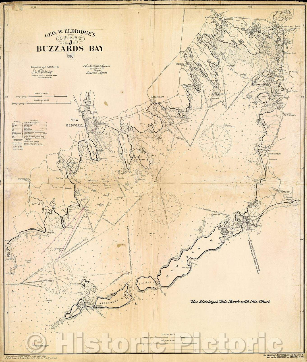Historic Map : Geo. W. Eldridge's Chart J  Buzzards Bay 1910  Authorized and Published by Geo. W. Eldridge., 1910 , Vintage Wall Art