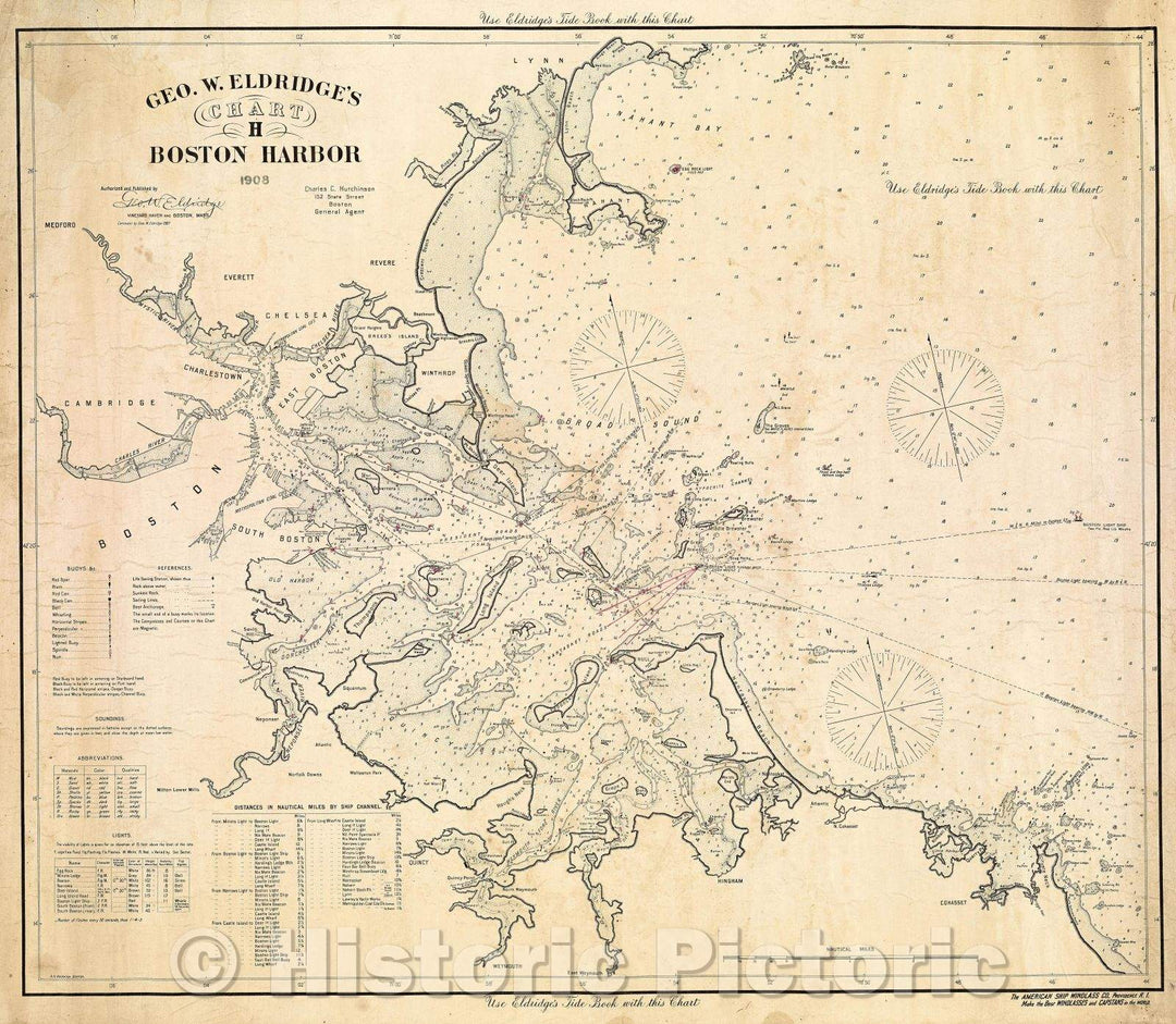 Historic Map : Geo. W. Eldridge's Chart H : Boston Harbor  Authorized and Published by Geo. W. Eldridge., c. 1908 , Vintage Wall Art