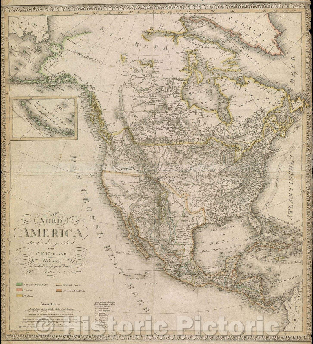 Historic Map : Nord America entworfen und gezeichnet von C.F. Wieland. In Verlage des Geograph Instituts 1824., 1824 , Vintage Wall Art
