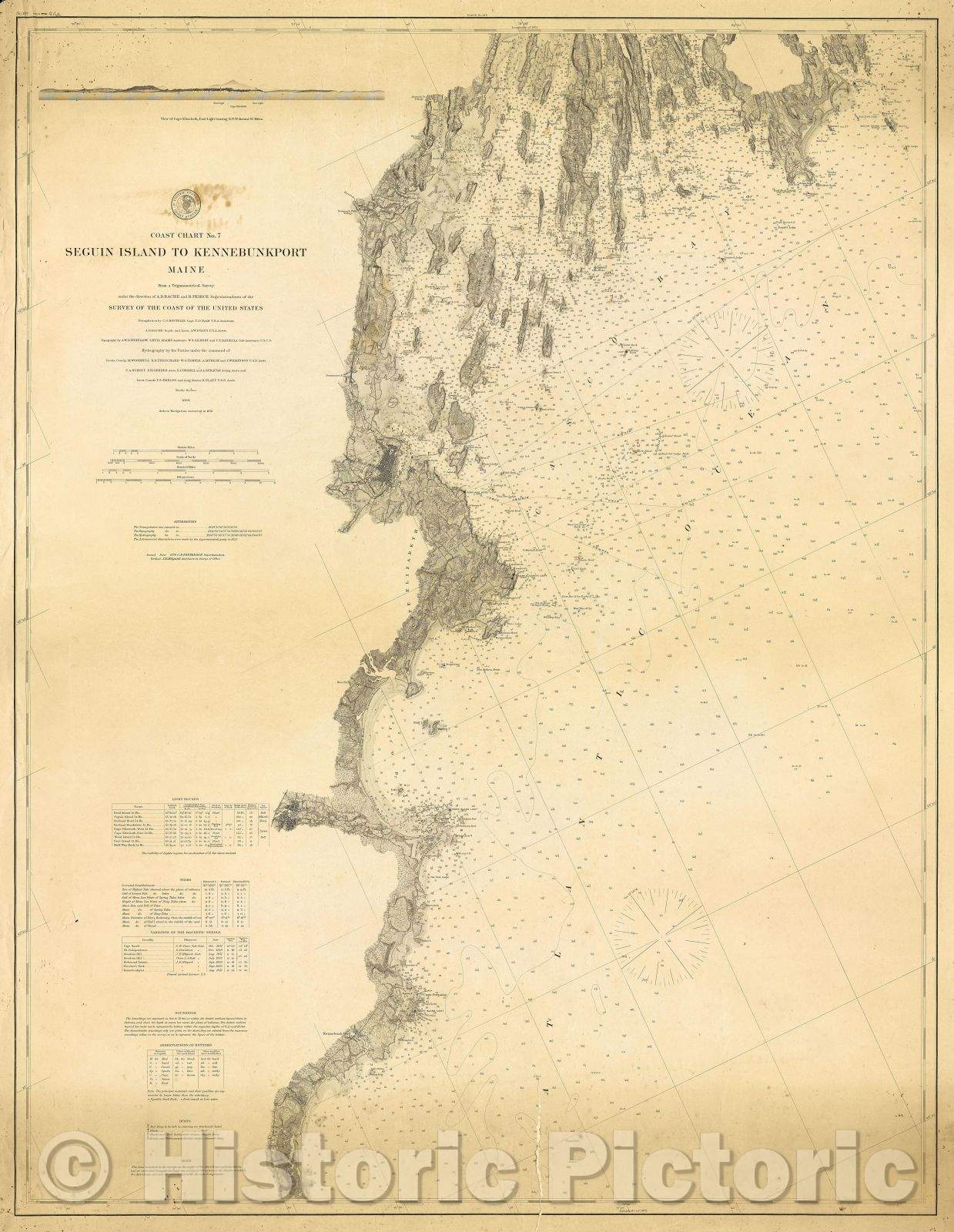Historic Map : Coast Chart No. 7 Seguin Island to Kennebunkport Maine From a Trigonometrical Survey under the direction of A. D. Bache and B. Peirce superintendents, 1868 , Vintage Wall Art