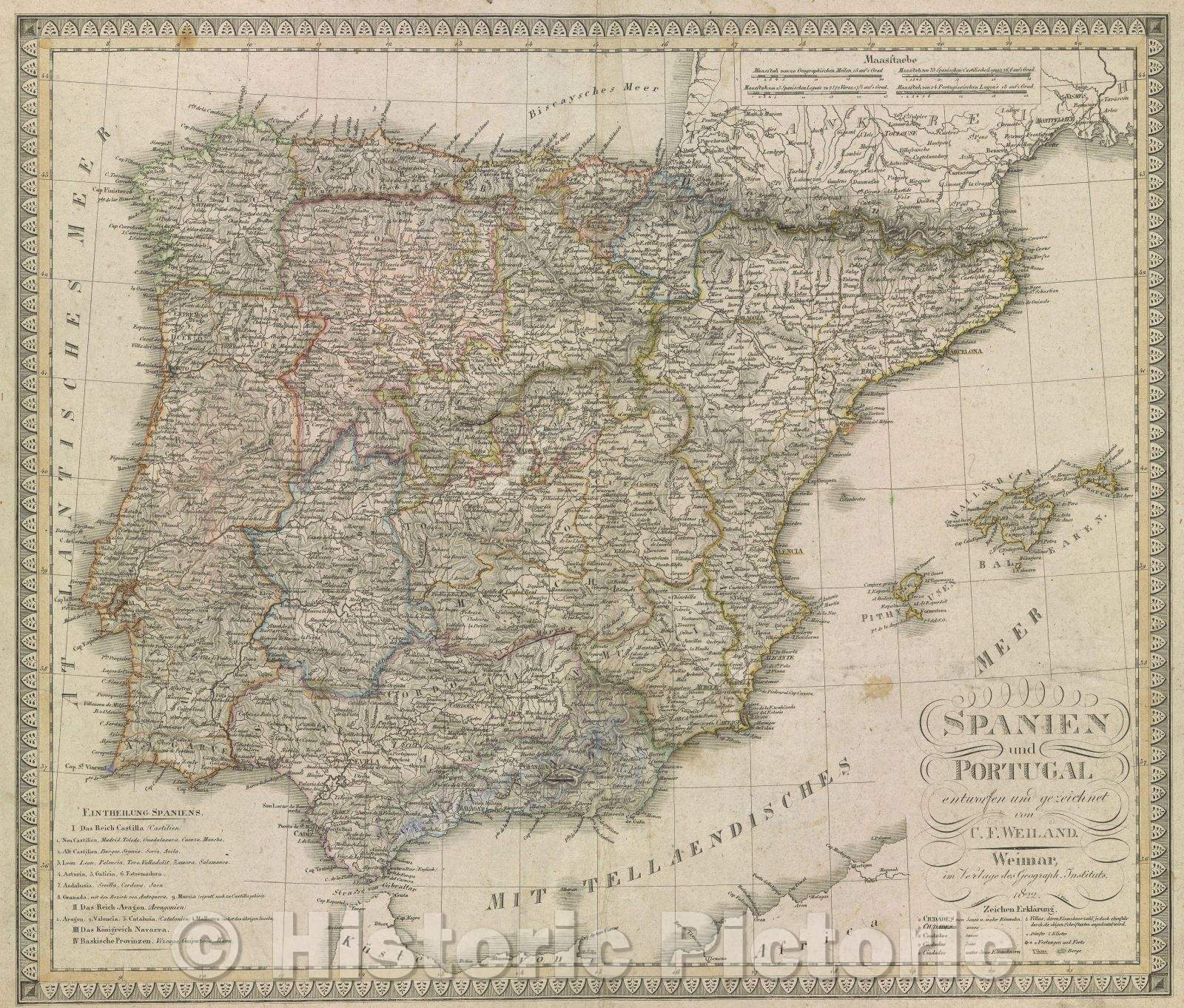Historic Map : Spanien und Portugal entworfen und gezeichnet von C.F. Weiland, 1822 , Vintage Wall Art