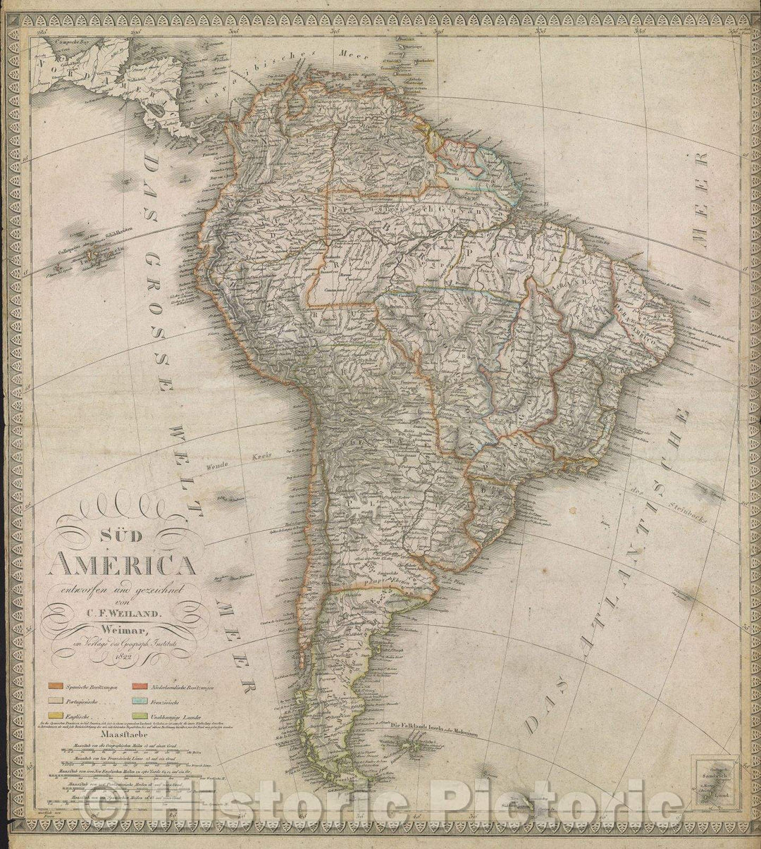 Historic Map : Sud America entworfen und gezeichnet von C.F. Weiland, 1822 , Vintage Wall Art