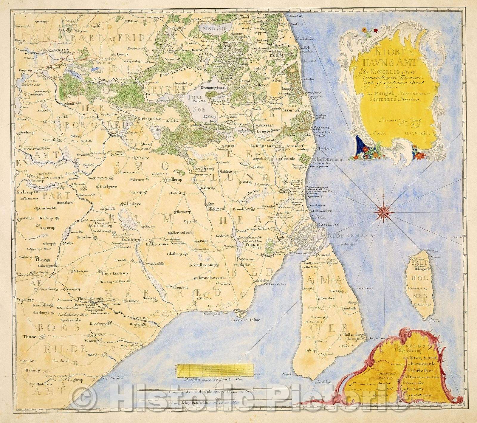 Historic Map : Kioben Havns Amt Ester Kongelig Orore Opmaalt og ved Trigonome, 1766 , Vintage Wall Art