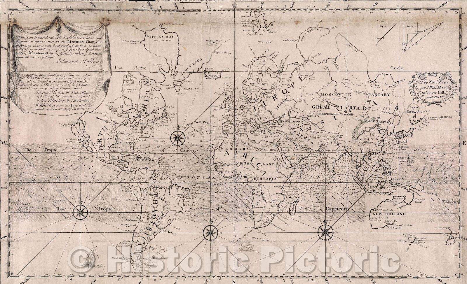 Historic Map : A Mapp of the Known World, According to Mercator's Projection, with a New Scale to Measure Distances thereon, 1722 , Vintage Wall Art
