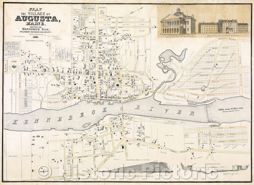 Historic Map : Plan of the Village of Augusta Maine, shewing the Kennebeck Dam, and proposed improvements connected with it. From actual survey by B.F. Perham, 1838 , Vintage Wall Art