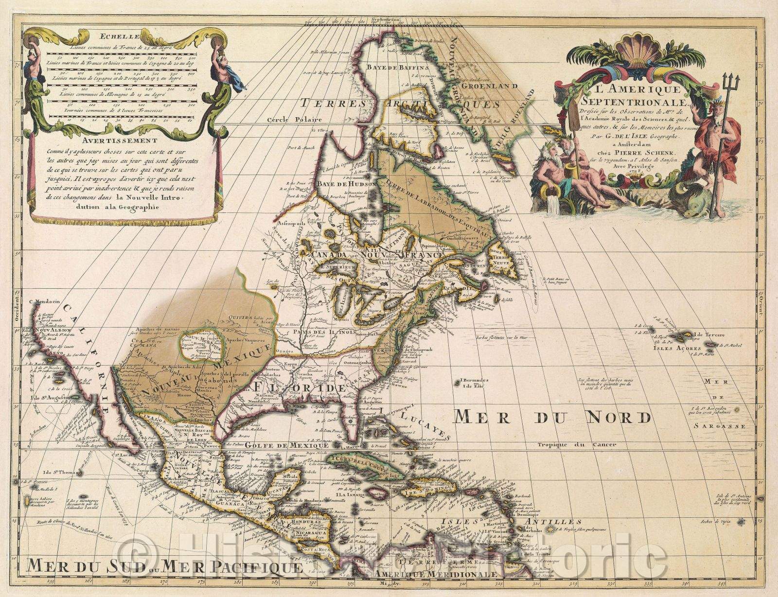 Historic Map : L'Amerique Septentrionale. Dressee sur les Observations de Mrs.de L'Academie Royale des Sciences and quelques autres and sur les Memoires, 1708 , Vintage Wall Art