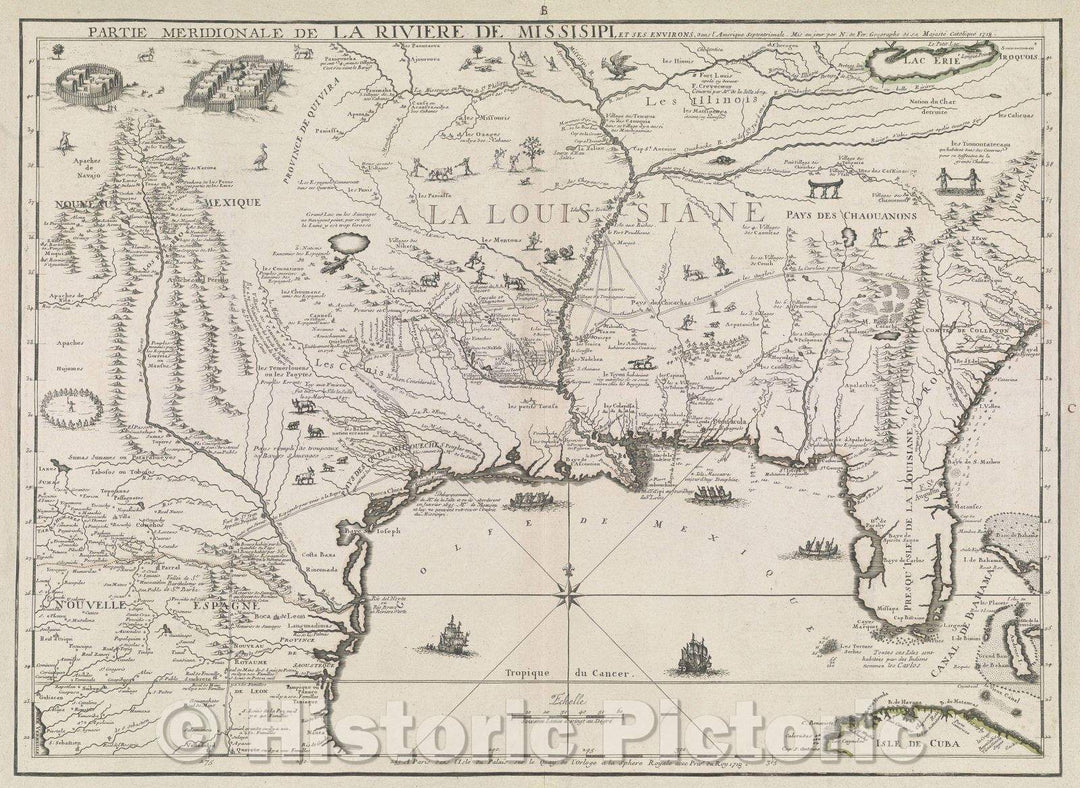 Historic Map : Partie Meridionale de la Riviere de Missisipi et ses environs dans l'Amerique Septentrionale Mis au jour par N. de Fer Geographe de sa Majeste Catholi, 1718 , Vintage Wall Art