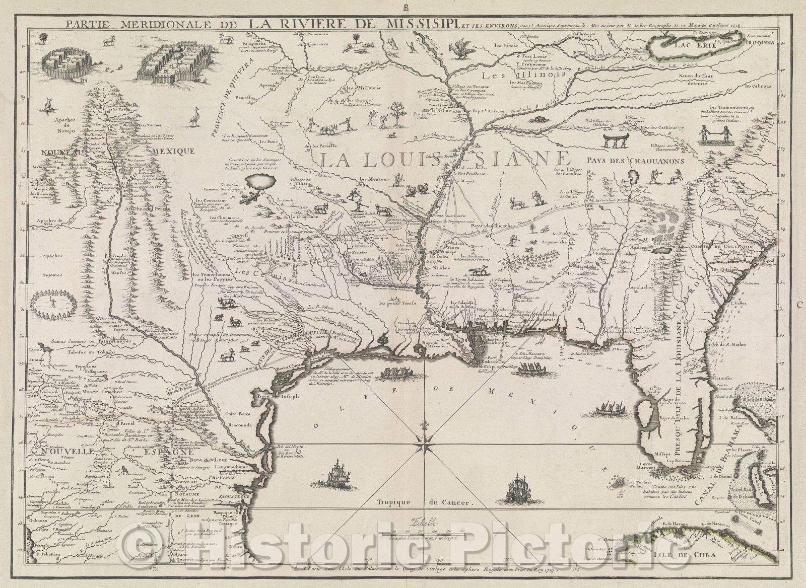 Historic Map : Partie Meridionale de la Riviere de Missisipi et ses environs dans l'Amerique Septentrionale Mis au jour par N. de Fer Geographe de sa Majeste Catholi, 1718 , Vintage Wall Art