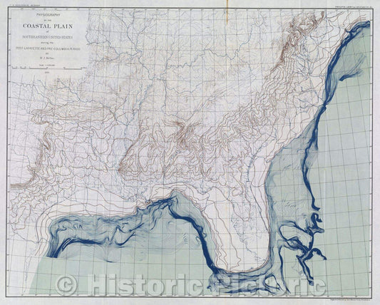 Historic Map : Physiography of the Coastal Plain of Southeastern United States during the Post-Lafayette and Pre-Columbia Period, 1891 , Vintage Wall Art