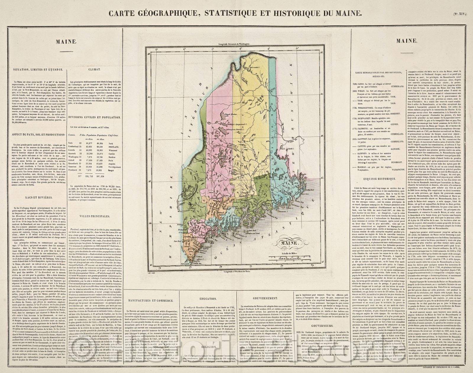 Historic Map : CARTE GEOGRAPHIQUE, STATISTIQUE ET HISTORIQUE DU MAINE, 1825 , Vintage Wall Art