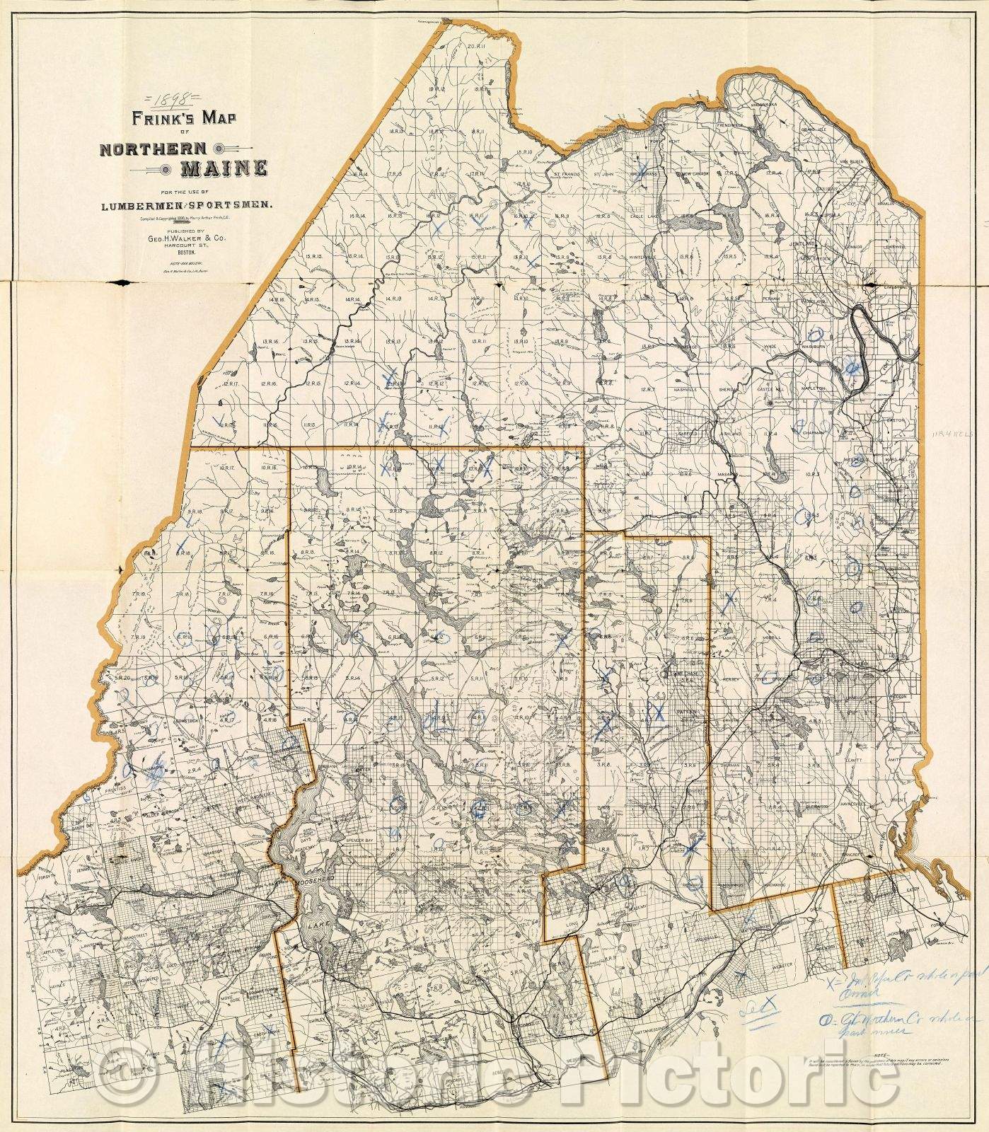 Historic Map : Frink's Map of Northern Maine for the use of Lumbermen and Sportsmen, 1898 , Vintage Wall Art