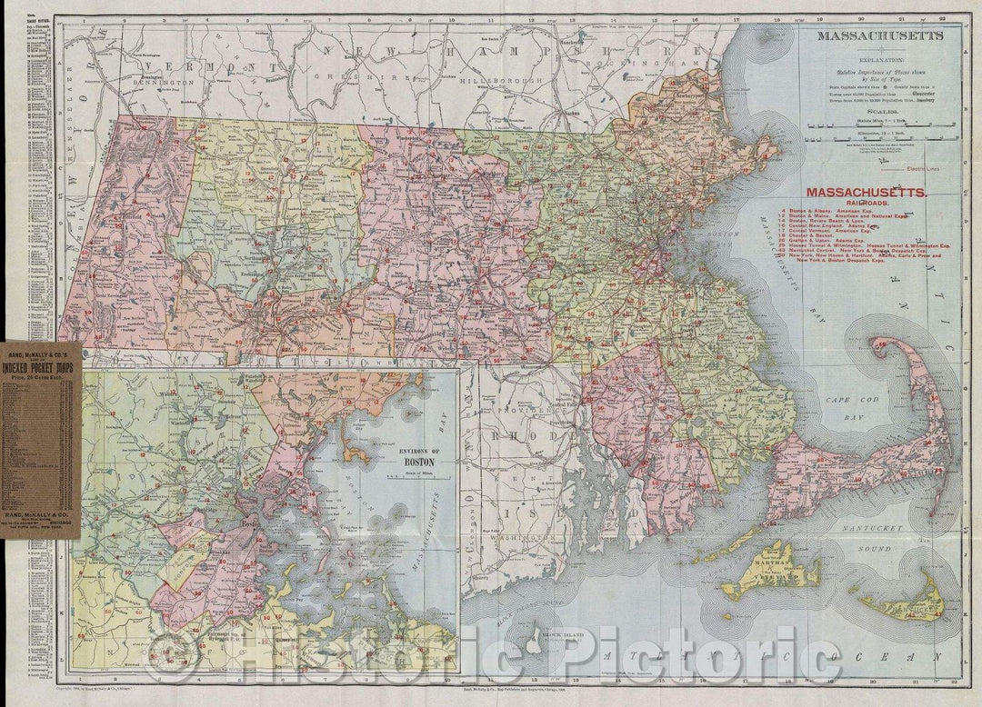 Historic Map : The Rand-McNally Vest Pocket of Massachusetts, 1908 , Vintage Wall Art